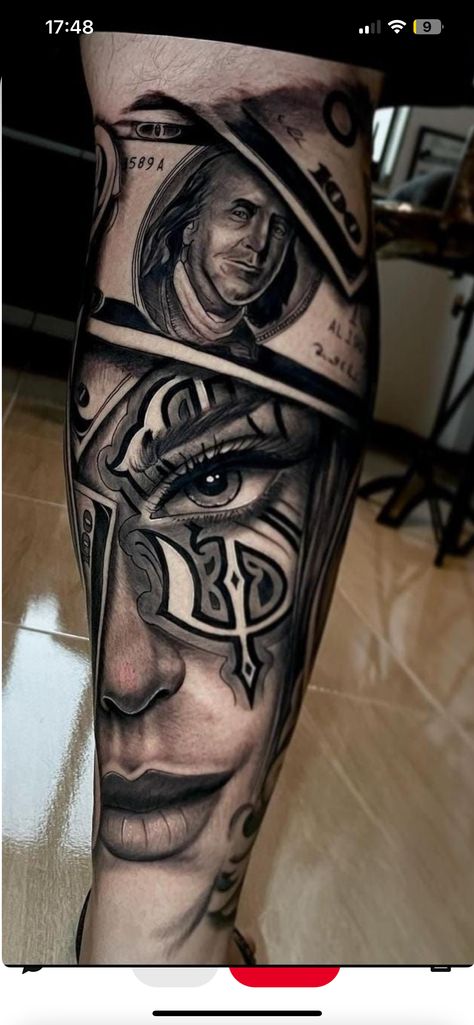 Money Tatoos Ideas, Chicano Arm Tattoo, Chicano Leg Tattoo, Chicano Sleeve Tattoo, Chicano Sleeve, Armpit Tattoo, Arm Tattoos For Guys Forearm, Tattoo Perna, Geometric Wolf Tattoo