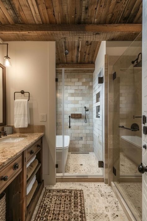 Rustic Bathroom With White Cabinets, Scandinavian Rustic Bathroom, Dark Tile Bathroom Wall, Large Rustic Bathroom, Brown Tone Bathroom Ideas, Texas Bathroom, Lakehouse Bathroom, Log Home Bathrooms, Modern Rustic Bathroom