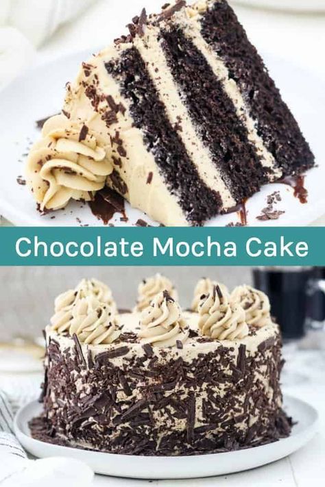 This Chocolate Mocha Cake is a 3-layer chocolate cake with a coffee infused buttercream. The moist chocolate cake is made with a dark brewed coffee and covered in a mocha frosting and chocolate shavings. #chocolatemochacake #mochacake #mochacakerecipe Chocolate Mocha Cake, Mocha Frosting, German Cooking, Mocha Cake, Chocolate Mocha, Easy Chocolate Cake, Wedding Chocolate, Chocolate Layer Cake, Moist Chocolate Cake