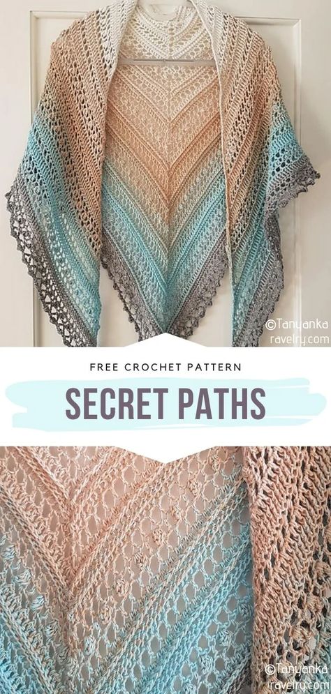 Gradient Colorway Shawls Free Crochet Patterns Pink Crochet Shawl, Variegated Yarn Shawl Pattern, Secret Paths Shawl, Triangular Crochet Shawl Pattern, Crochet Triangular Shawl, Crochet Triangular Shawl Pattern Free, Dk Weight Crochet Patterns Free, Lion Brand Homespun Patterns Crochet, Crochet One Skein Projects