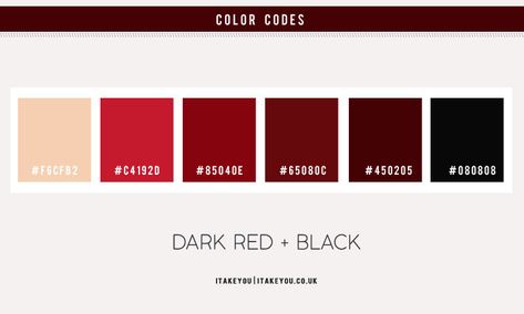 Red Pomegranate color combos 1 - I Take You | Wedding Readings | Wedding Ideas | Wedding Dresses | Wedding Theme Red Dark Color Palette, Colour Palette Red Black, Red Black Grey Colour Palette, Dark Red Shades Colour Palettes, Red Colour Palette Hex Codes, Pomegranate Color, Pomegranate Dressing, Lego Wedding, Hex Color