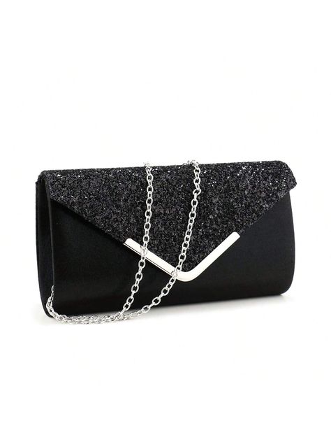 Black Glamorous,Minimalist Collar  Glitter Plain Envelope Bag Embellished   Women Bags Bags For Prom, Prom Bags, Black Clutch Purse, Silver Clutch Bag, Glitter Clutch Bag, Prom Bag, Prom Purse, V Design, Prom Season