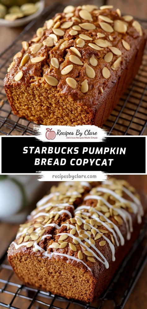 This homemade pumpkin bread is packed with warm spices and a tender crumb, just like the Starbucks favorite, making it the perfect cozy fall treat.  Ingredients:  1 cup pumpkin puree 1/2 cup vegetable oil 1 cup granulated sugar 2 tablespoons pumpkin seeds (optional) Moist and flavorful pumpkin bread with a rich blend of spices, perfect for breakfast or an afternoon snack, especially when paired with your favorite coffee! Starbucks Pumpkin Bread Recipe Copycat, 1 Cup Pumpkin Recipes, Recipes That Use Pumpkin Puree, Starbucks Pumpkin Recipes, Recipes Using Pumpkin Puree, Starbucks Pumpkin Bread Recipe, Spiced Pumpkin Bread, Homemade Pumpkin Bread, 1 Cup Pumpkin Puree