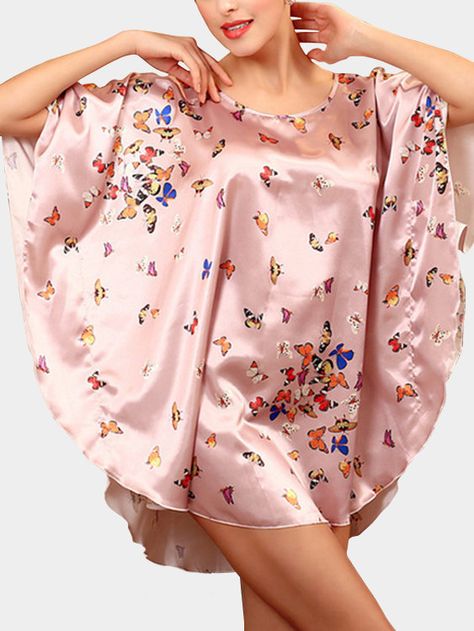 This pajama is in fashion and sexy style. It is designed with printed pattern,round neck and bat sleeve design. You will never regret to have one!!! Loose Nightgown, Silk Nightwear, Moo Moo, Plus Size Sleepwear, Print Butterfly, Silk Nightgown, Plus Size Pajamas, Silk Sleepwear, Women's Robe