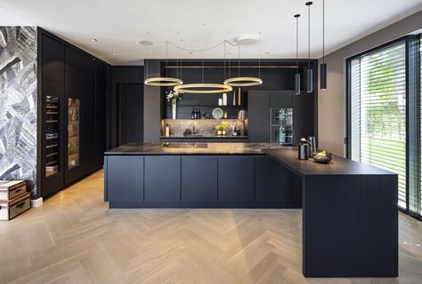 Herringbone Kitchen, Sea House, Herringbone Floor, Black Furniture, Pure Black, Black Kitchen, Kitchen Diner, Parquet Flooring, Black Kitchens