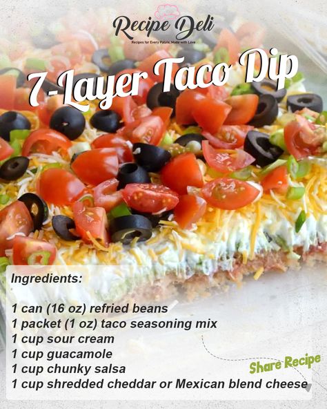 Recipe Deli - 7-Layer Taco Dip Ingredients: 1 can (16... Five Layer Dip Recipe, 6 Layer Dip, 7 Layer Taco Dip Easy, 5 Layer Dip Mexican, 7 Layer Dip Mexican, 7 Layer Bean Dip Recipe, Taco Layer Dip, 7layer Dip, Easy Layered Nacho Dip