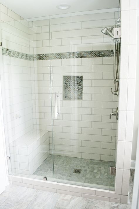 4x12 subway tile with mix mosaic accent. Frameless shower Shower Accent Tile, White Tile Shower, White Grout, Subway Tile Showers, Subway Tiles Bathroom, Shower Wall Tile, Full Bathroom Remodel, Diy Herb Garden, Kitchen Shower