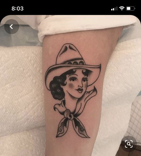 Cowgirl Shoulder Tattoo, Western Lady Tattoo, Cowgirl Face Tattoo, Western Woman Tattoo, American Traditional Cowgirl Tattoo, American Traditional Cowgirl, Cowgirl Tattoos Traditional, American Traditional Woman, Traditional Cowgirl Tattoo