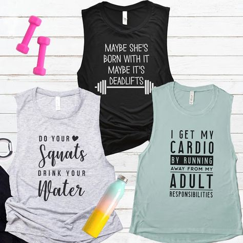 Workout Muscle Tanks  $15.99 Fitness T Shirts, Funny Workout Tanks, Fun Shirts, Workout Muscle, Mama Tshirts, Feminist Shirt, Workout Attire, Tshirt Ideas, Muscle Tank Tops