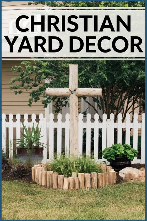 Wooden cross in a garden surrounded by plants and a white picket fence. Garden Flag Holder, Prayer Garden, Exquisite Decor, Large Yard, Christian Traditions, Christian Decor, Scripture Wall Art, Outdoor Living Areas, Garden Flags