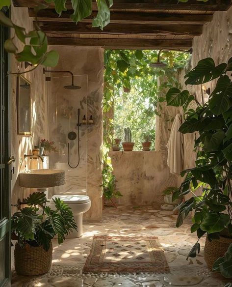 Monstera Interior Design, Beach Toilet Ideas, Natural Bathroom Inspiration, Italian Bathroom Aesthetic, Plants In Shower Aesthetic, Natural Shower Design, Shower Inspo Bathroom, Open Shower Bathrooms, Brazilian Bathroom