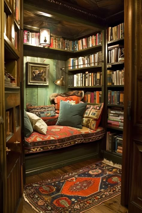 Home Library For Small Spaces, Dark Book Room Aesthetic, Closet Turned Library, Home Library Realistic, Amazing Libraries, Moody Library Bedroom, Hobbit Library, Cool Library, Dark Academia Reading Nook