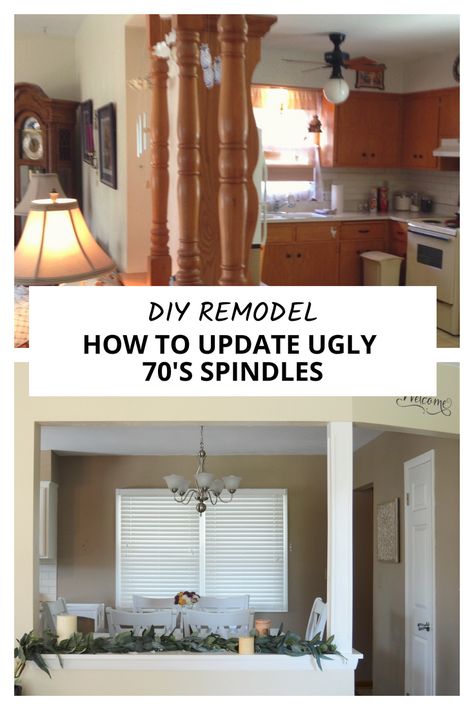 BEFORE AND AFTER! Simple and Inexpensive Steps to Update those Ugly 70's Spindles! Great Home Renovation Project #kitchenremodel #beforeandafter #remodel #70stotoday #homeprojects #pillars #DIY #homereno #howto Updating 70s House, Interior Pillars, Kitchens Decor, 70s House, Craftsman Door, Inspirational Decor, Living Room And Kitchen, 70s Home, House Updates