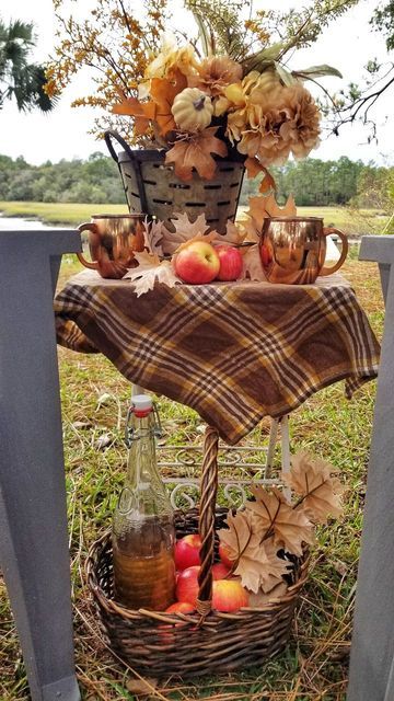 Fall plaids, Autumn stems and apples help create this outdoor mini cider bar Cider Bar Ideas, Cider Station, Apple Cider Station, Apple Cider Bar, Fall Cider, Cider Bar, All Things Fall, Fall Stuff, F Scott Fitzgerald