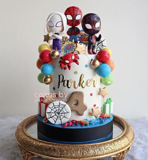 Jackie Florendo 🇵🇭 on Instagram: “Can you feel it with your spideysense? Parker is turning 4 and he’s partying with his amazing friends! #cakesbyjackieflorendo…” Spidey Birthday Party Cake, Spin Cake Spiderman, 3rd Birthday Spiderman Cake, Spidey Friends Birthday Cake, Spidey And Amazing Friends Party, Spidie And Friends Cake, Spidy Birthday Cakes, Spidy And Friends Cake Birthday Boys, Spider And His Amazing Friends Birthday Cake