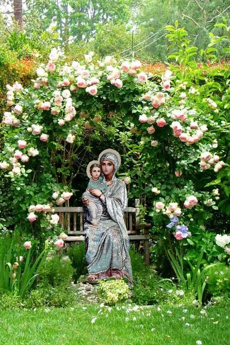 Mary Grotto, Prayer Garden Ideas, Marian Garden, Sidewalk Landscaping, Mary Holding Baby Jesus, Floral Canopy, Mary Garden, Evening Meditation, Vine Trellis