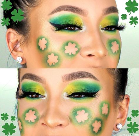 Eye makeup/eye shadow looks/green/Saint Patrick's day makeup St Patrick's Day Eyeshadow, Saint Patricks Makeup Look, Saint Patrick Makeup Ideas, St Patty's Eye Makeup, St Pattys Makeup Ideas, Shamrock Makeup, St Patrick Makeup Looks, St Patrick’s Day Eye Makeup, St Patrick Makeup