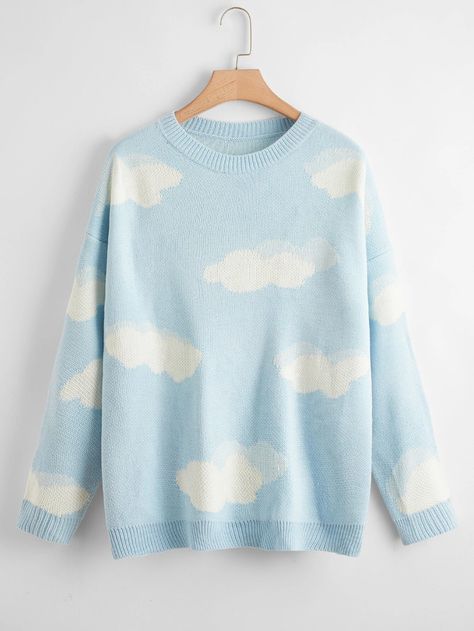 Plus Cartoon Cloud Pattern Drop Shoulder Sweater | SHEIN USA Shein Sweater, Long Sleeve Pullover Sweater, Pull Bleu, Drop Shoulder Sweaters, Cloud Pattern, Plus Size Sweaters, Bleu Pastel, Pattern Sweater, Clouds Pattern