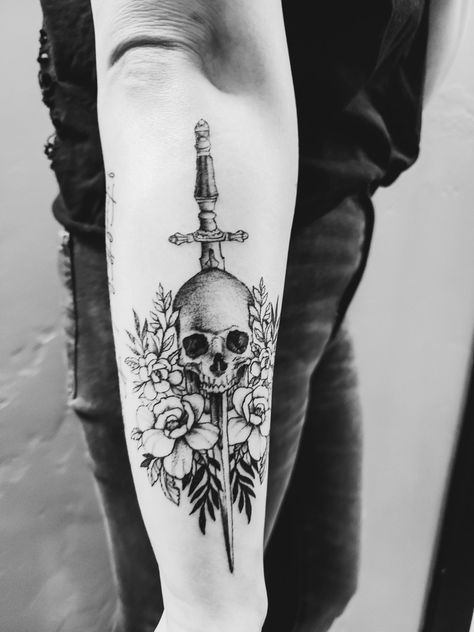 Dager Tattoos For Women, Dagger With Flowers Tattoo, Floral Dagger Tattoo, Skull Dagger Tattoo, Skull And Dagger Tattoo, Front Neck Tattoo, Skull Tattoo Flowers, Best Cover Up Tattoos, Gray Tattoo