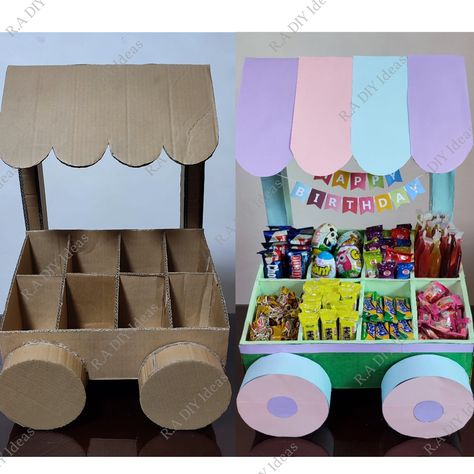 R.A DIY Ideas - No need to buy or rent candy buffet... | Facebook Exterior Christmas, Cardboard Crafts Diy, Cardboard Box Crafts, Candy Cart, Candy Land Christmas Decorations Outdoor, Candy Land Christmas Decorations Diy, Stick Crafts, Christmas Float Ideas, Candy Cakes