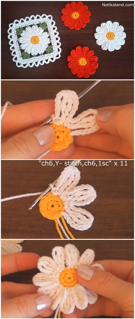 Crochet Easy Motif Flowers Lazy Daisy Crochet Pattern, Easy Crochet Daisy Pattern Free, Crochet Flowers Daisy, Knitted Daisy Pattern, Daisy Crochet Tutorial, Daisy Pattern Crochet, How To Crochet A Flower For Beginners, Yarn Flowers Diy, Daisy Flower Crochet Pattern