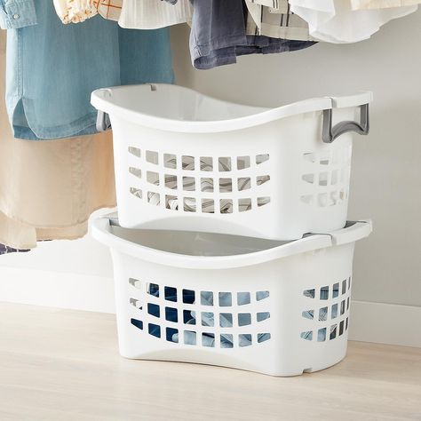 Stacking Laundry, Stackable Laundry Baskets, Stackable Laundry, White Container, Laundry Hampers, Laundry Routine, Clothes Hamper, Laundry Baskets, The Container Store