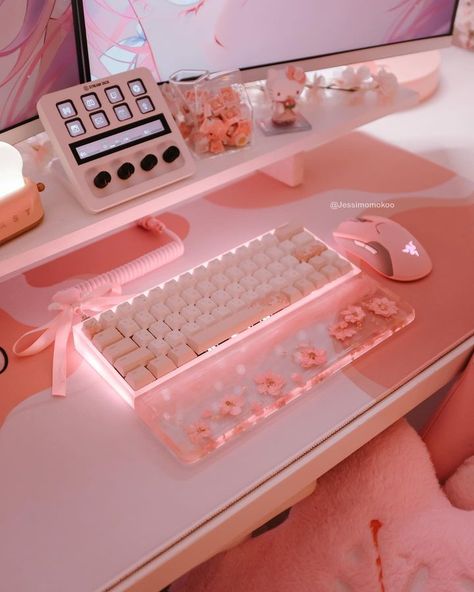 All Posts • Instagram Pink Game Room, Keyboard Pink, Fancy Keyboard, Pc Room, Pink Keyboard, Desk Organisation, Cute Desk Accessories, Pink Games, Pink Desk