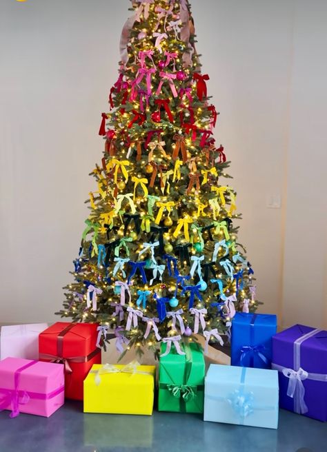 Ribbon Bow Trees - The Hottest Christmas Trend - Kelly Elko Bow Christmas Tree, Ribbon Christmas Tree, Bow Garland, Ribbon Tree, Christmas Tree Bows, Rainbow Bow, Rainbow Ribbon, Rainbow Tree, Family Ornaments