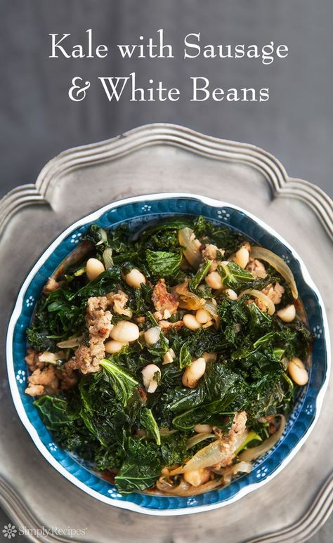 Kale with White Beans and Sausage White Beans And Sausage Recipe, Kale Recipes Sauteed, Sausage And White Beans, Kale Dishes, White Beans Recipe, Kale Sausage, White Bean Recipes, Bowl Meals, Beans And Sausage