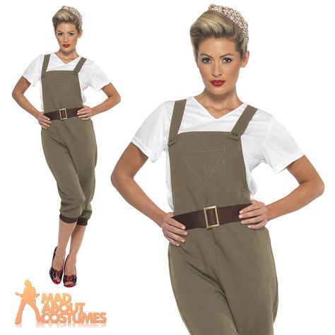 1940 s Land Girl Costume Ladies WW2 Munitions Fancy Dress Army Outfit UK 8-18 1940s Fancy Dress, Pinup Costume, Army Outfit, Fancy Dress Wigs, 40s Style Dresses, Childrens Fancy Dress, Fancy Dress Ball, Ladies Fancy Dress, Christmas Fancy Dress