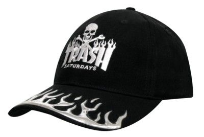 BRUSHED HEAVY COTTON BASEBALL CAP with Liquid Metal Flame Design on Peak Halloween Giveaway Ideas, Halloween Promotions, Caps And Hats, Hats And Caps, We Are Festival, Candy Skulls, Promo Gifts, Flame Design, Rain Poncho