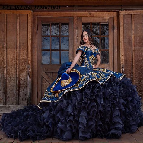 EVLAST Charro Navy Blue Quinnceanera Dress Ball Gown Applique Beaded Crystals Ruffles Mexican Sweet Blue Charro Quinceanera Dresses, Navy Blue Quinceanera Dresses, Quinceanera Dresses Charro, Dark Blue Embroidery, Ball Gown Sweet 16, Quinceanera Dresses Gold, Charro Quinceanera, Charro Quinceanera Dresses, Dresses Off Shoulder