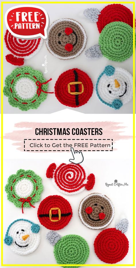 crochet Christmas Coasters free pattern - FREE Crochet Coasters Pattern for Beginners. Click to Get the Pattern #Coasters #crochetpattern #crochet via @shareapattern.com Crochet Christmas Coasters, Winter Coasters, Crochet Presents, Xmas Crochet, Crochet Christmas Ornaments Free, Crochet Ornament Patterns, Christmas Crochet Patterns Free, Crochet Coasters Free Pattern, Crocheted Christmas