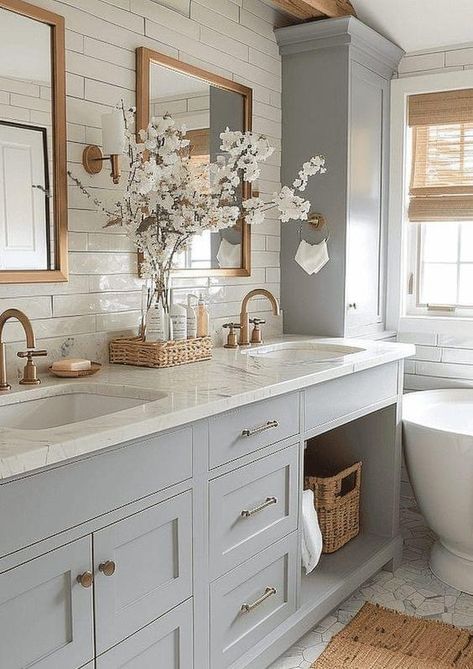 Double Vanity Mirror Ideas, Full Bathroom Remodel, Timeless Bathroom, Olive Branches, Bathroom Farmhouse Style, Coastal Bathrooms, Modern Farmhouse Bathroom, Double Vanity Bathroom, Bathroom Remodel Shower