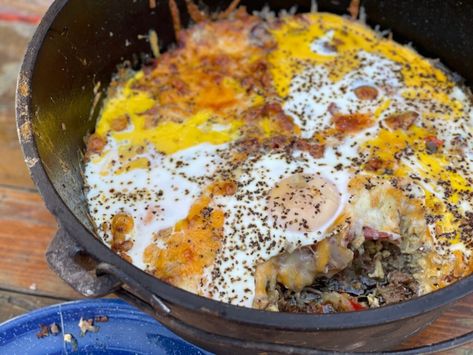 Mountain Man Breakfast, Man Breakfast, Kent Rollins, Center Cut Pork Chops, Roasted Poblano Peppers, Crispy Hashbrowns, Small Red Potatoes, Over Easy Eggs, The Best Breakfast