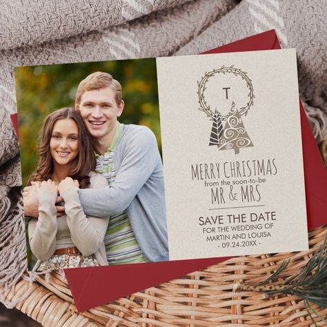 Rustic Wreath Save the Date Christmas Photo Christmas Card Save The Date Ideas, Save The Date Christmas Cards, Christmas Save The Date, Christmas Wedding Themes, Rustic Wedding Save The Dates, Simple Wreath, Christmas Wedding Invitations, Rustic Save The Dates, 2025 Wedding