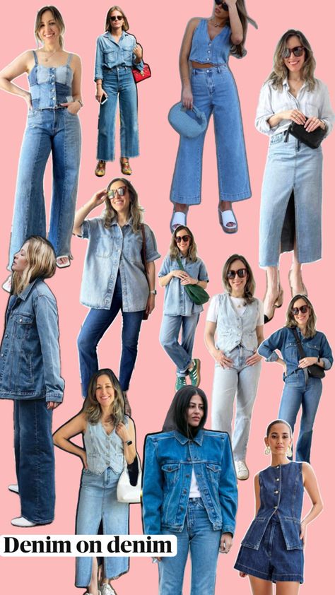 Collage or multiple women wearing different denim on denim outfits. Denim On Denim Outfits, End Of Summer Outfits, Chic Denim Outfits, Denim Vest Outfit, Double Denim Outfit, Vest Outfits For Women, Transitional Outfits, Denim Jeans Outfit, Denim Shorts Outfit