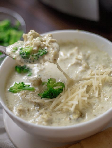 Chicken Broccoli Alfredo Soup | Keto, Crock Pot Keto Chicken Broccoli Soup, Easy Keto Soup Recipes, Alfredo Soup, Keto Chicken Broccoli, Chicken Broccoli Soup, Chicken Broccoli Alfredo, Low Carb Soup Recipes, Broccoli Alfredo, Easy Slow Cooker Chicken