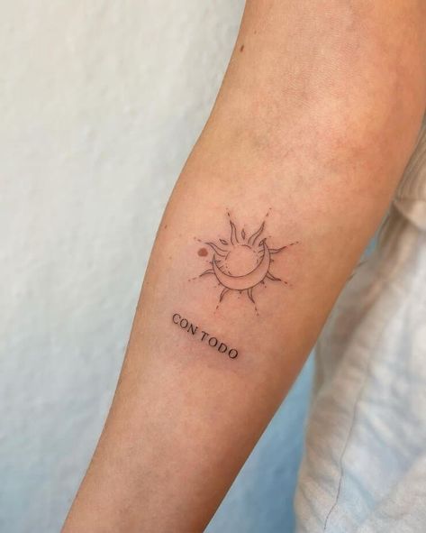 22 Etheral Sun And Moon Tattoos For Effervescent Night Owls 13 Sun Tattoo Fine Line, Sun And Moon Tattoos, Tattoo Sonne, Sun Tattoo Small, Luna Tattoo, Moon Sun Tattoo, Cute Matching Tattoos, Celestial Tattoo, Sun Tattoo Designs