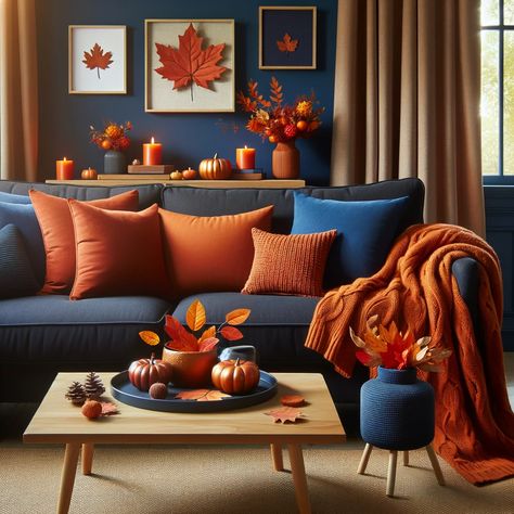 "Fall Home Makeover: Simple & Stylish Autumn Decorating Tips"

Looking for fall décor for your dream apartment? Discover cozy and chic ideas to give your living room decoration a seasonal update. #BedroomDesign #MinimalistApartment# Navy And Dark Brown Living Room, Blue Couch Fall Decor, Orange And Blue Living Room Decor, Burnt Orange And Blue Living Room, Orange Blue Living Room Decor, Navy Furniture Living Room, Rust And Blue Living Room, Navy And Burnt Orange Living Room, Navy Blue And Orange Living Room