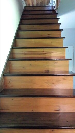 DIY stained two toned pine lake cottage stairs. Two Tone Wood Stairs, Two Tone Stairs, Painted Staircase, Wood Floor Restoration, Cottage Stairs, Kitchen Stairs, Stairs Window, Rustic Stairs, Painted Staircases