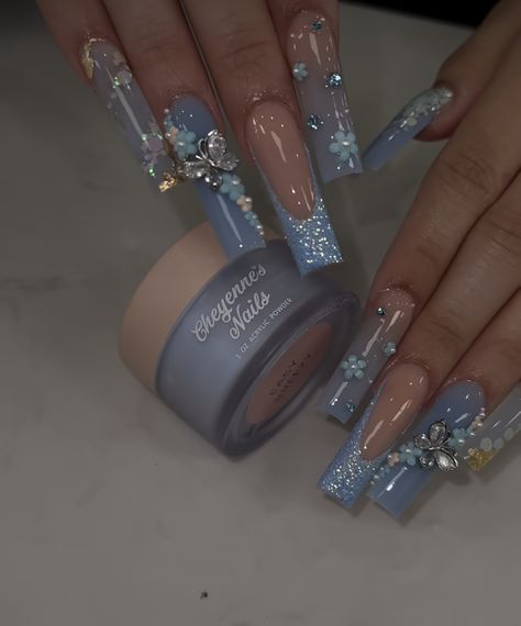 Sparkly Acrylic Nails, Quinceanera Nails, Blue Acrylic Nails, Colored Acrylic Nails, Cute Acrylic Nail Designs, Long Acrylic Nails Coffin, Acrylic Nails Coffin Pink, Long Square Acrylic Nails, White Nail