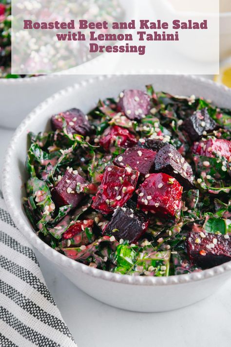 Tender roasted beets and finely chopped kale tossed in a lemon tahini garlic dressing creates a delicious and satisfying salad you won't forget! Add hemp seeds, candied pecans or crispy chickpeas for added crunch and creamy vegan feta or goat cheese. The combinations for how to enjoy this hearty salad are endless! Beet And Kale Salad, Vegan Feta, Chopped Kale, Garlic Dressing, Vegan Feta Cheese, Satisfying Salads, Salad With Lemon, Lemon Tahini Dressing, Vegan Meatballs