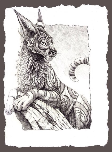 "Fantasy Feline" by hibbary via DeviantArt Fantasy Feline, Fantasy Drawings, Creature Drawings, Mythical Creatures Art, Dessin Adorable, Animal Sketches, Creature Design, A Drawing, Creature Art