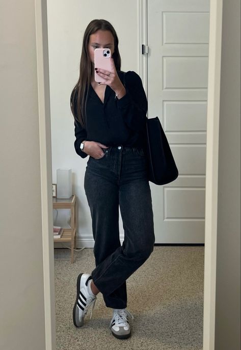 sambas - black jeans - button up black top Faded Black Denim Jeans Outfit, Black Jean Business Casual Outfit, Black Dress Shirt Outfit Woman, Black Faded Jeans Outfit, Business Casual Black Jeans, Straight Black Jeans Outfit, Raw Hem Jeans Outfit, Faded Black Jeans Outfit, Black Jean Outfits