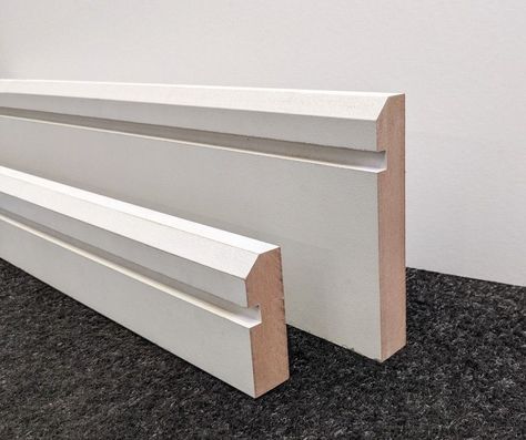 White Pre Primed Square Edge MDF Skirting and Architraves(Pack quantities) All boards are 25mm square edge, twice primed MDF Height sizes as follows: 80mm & 150mm This is a dual listing which includes 5.4 metre and 2.7 metre boards, as well as an option to order door architrave sets (5.4 metre) Door sets are supplied as follows: 2 pcs @ 2.15 metres + 1 pc @ 1.1 metre This is an ideal opportunity to combine your skirting and architrave and benefit from our multi discount offer. The more you buy t Torus Skirting Board, Marble Skirting, Skirting And Architrave, Skirting Design, Door Architrave, Marble Skirt, New England Interior, Baseboard Styles, Mdf Skirting