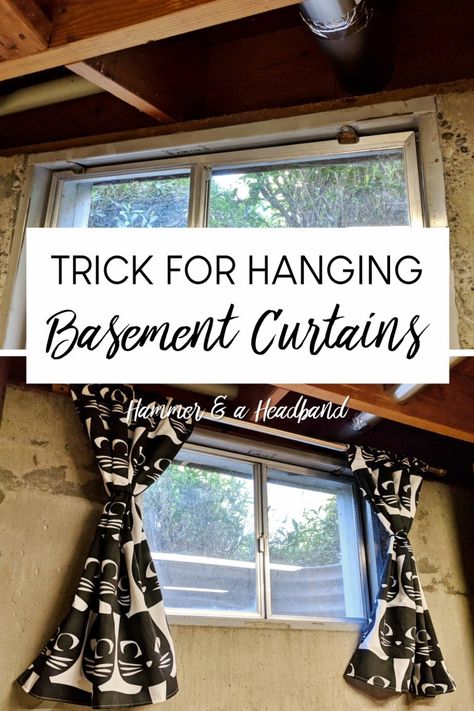 Basement Curtains, Basement Window Curtains, Basement Window Treatments, How To Hang Curtains, Basement Window, Basement Decoration, Dream Basement, Basement Laundry Room, Basement Laundry