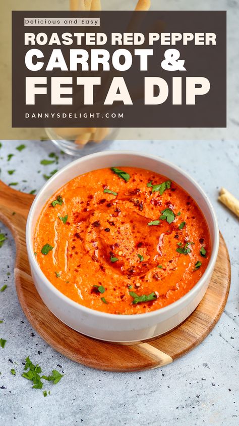 Dip into deliciousness with my Roasted Red Pepper, Carrot, and Feta Dip! 🎈 Creamy, savory, and utterly irresistible, this dip is the perfect addition to any snack spread. Whether you're hosting a party or simply snacking at home, this dip is guaranteed to be a hit with everyone. Made with love and bursting with flavor, it's the ultimate crowd-pleaser that will have your guests coming back for seconds. Get ready to dip, dunk, and devour your way to snack heaven! #DipAddict #Yummy #SnackGoals 🤤 Roasted Red Pepper Carrot And Feta Dip, Roasted Red Pepper And Feta Dip, Roasted Carrot Dip, Carrot Dip Recipes, Whipped Feta With Beets, Roasted Red Pepper Feta Dip, Dip For Carrots, Dip For Vegetables, Hors Devours