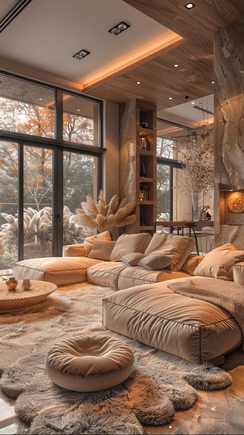 Light Bohemian Living Room, Brown Luxury Living Room, Amazing Living Rooms, Normal Living Rooms, Warm Tone Interior Design, Cozy House Inspiration, Modern House Design Interior 2024, Comfy House Aesthetic, Dream Living Room Luxury