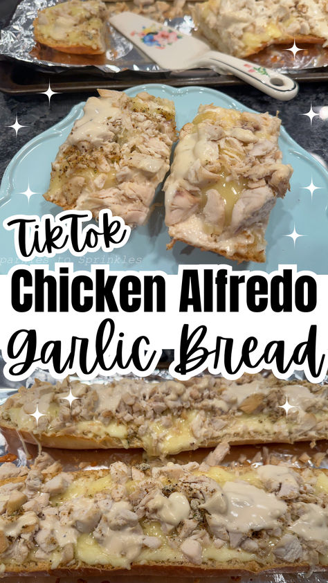 This semi-homemade TikTok Chicken Alfredo Garlic Bread is perfect for a busy weeknight dinner without all the from-scratch steps! Combining the irresistible flavors of garlic bread and creamy alfredo chicken, this recipe is perfect for a weeknight meal or a casual gathering with friends. Chicken Alfredo Bread Boat, Chicken Alfredo Cheese Bread, Chicken Alfredo French Bread, Chicken Alfredo Garlic Bread Recipe, Chicken Alfredo Garlic Bread, Chicken Alfredo Bread, Alfredo Garlic Bread, Alfredo Bread, Tiktok Chicken